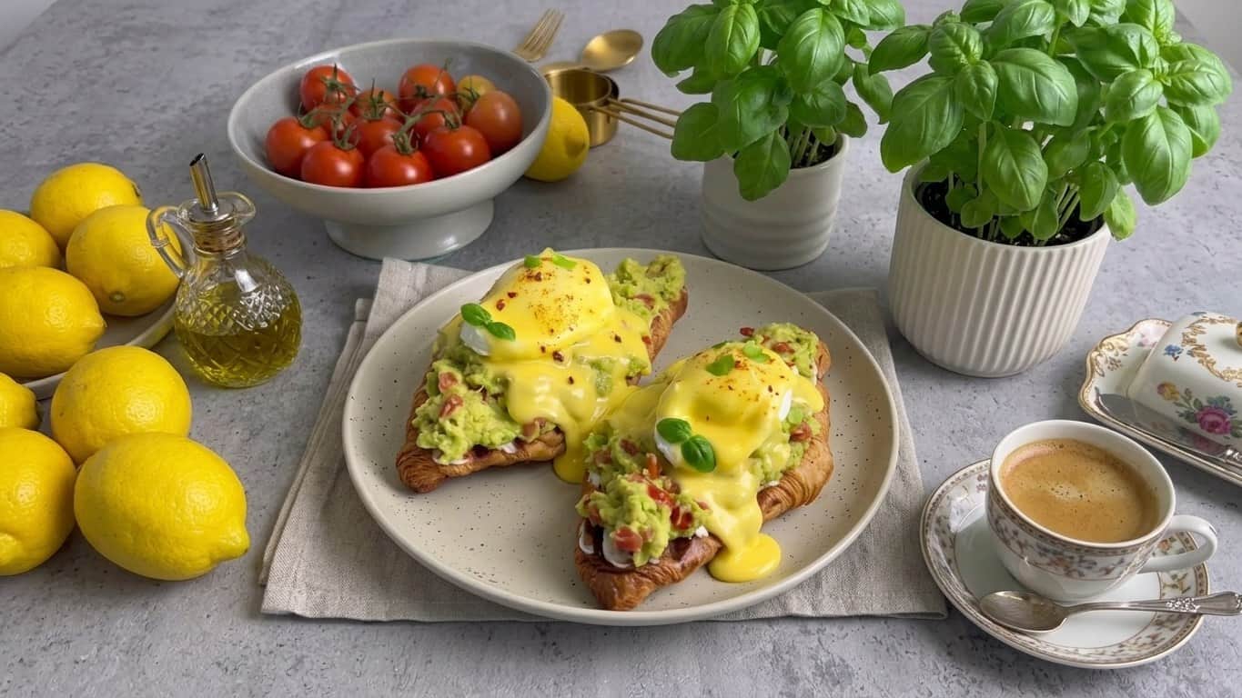 Круасани з гуакамоле, яйцем пашот і соусом голландез