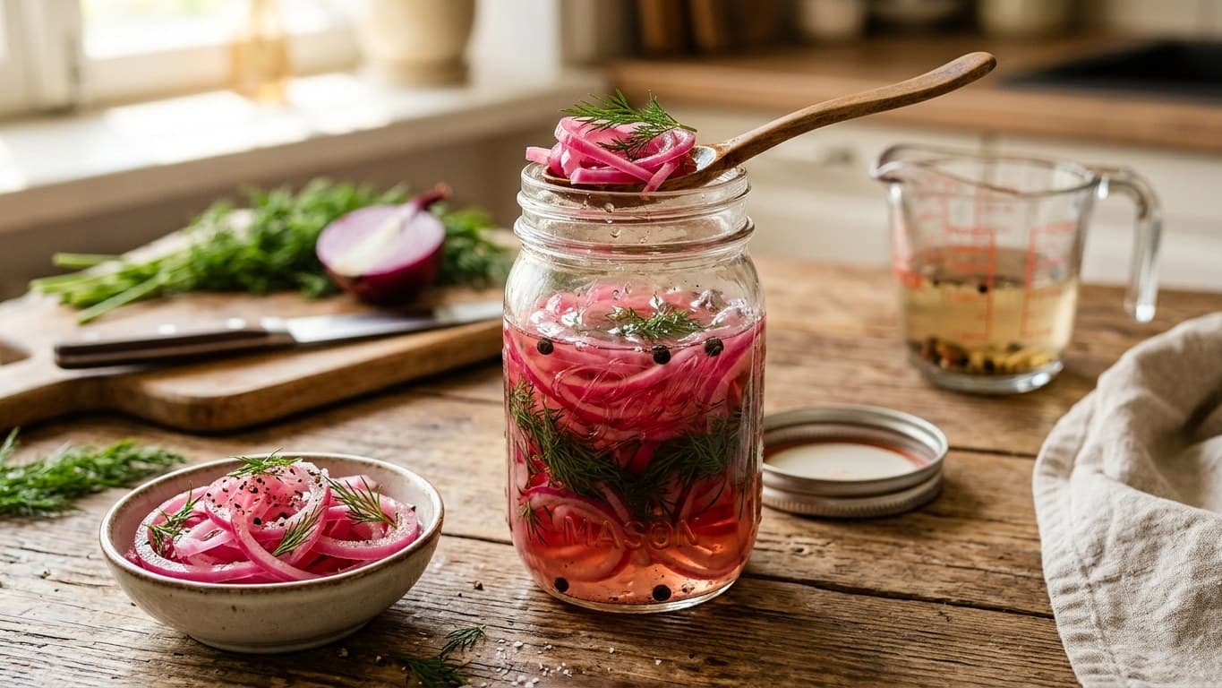 Хрустка маринована червона цибуля з кропом